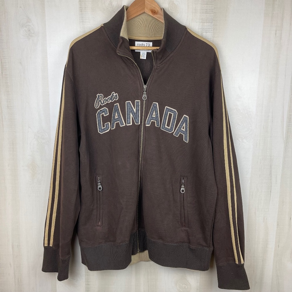 Roots 73 Athletics Canada Men’s Full Zip Brown Tan Track Jacket Spell Out Large
